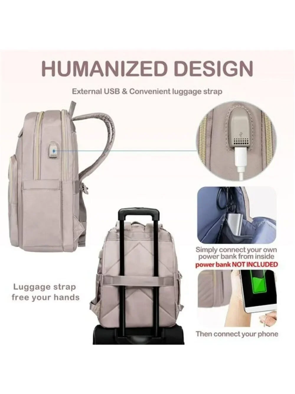 Vankean Womens Laptop Backpack 15.6 Inch USB Work Travel Bag Waterproof Pink